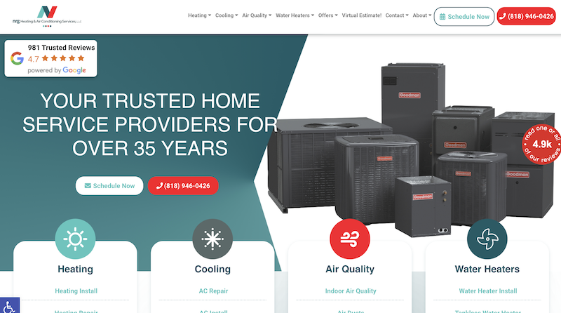 Pagina web de NRG Heating and Conditioning Services.